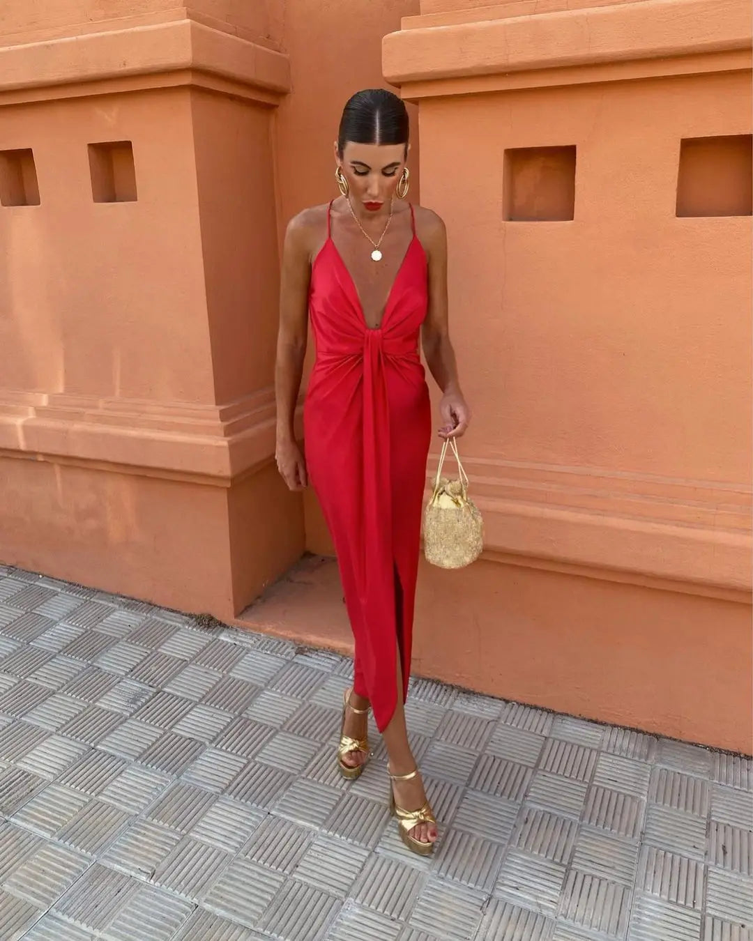 Christina Spaghetti-Strap V-Neck Dress