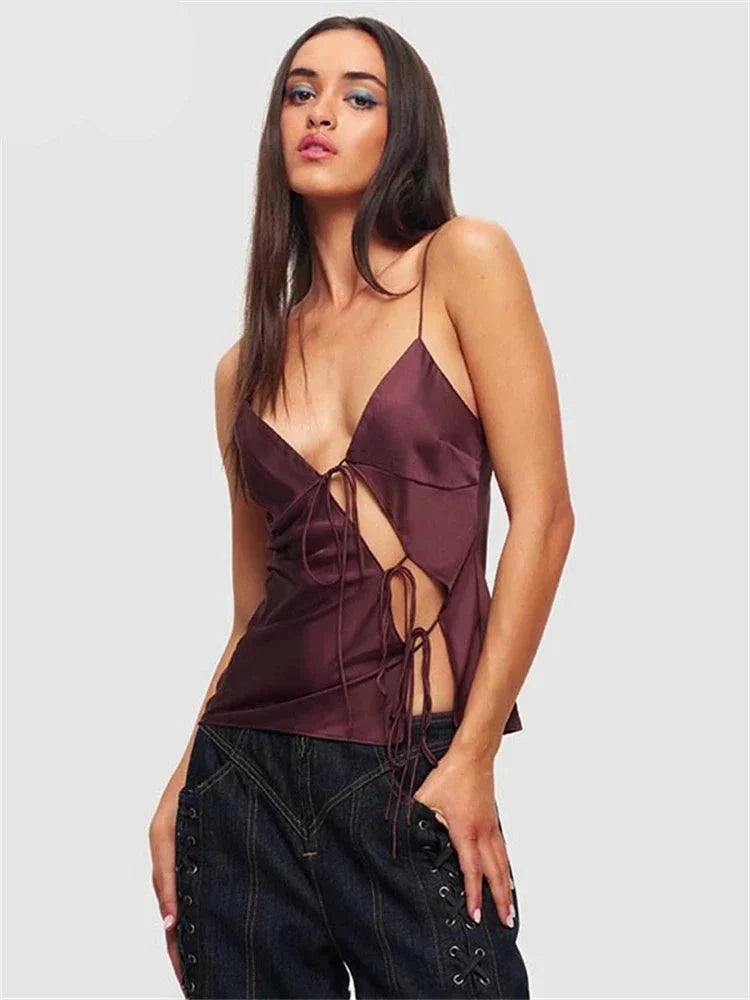 Genevieve Spaghetti-Strap Satin Top