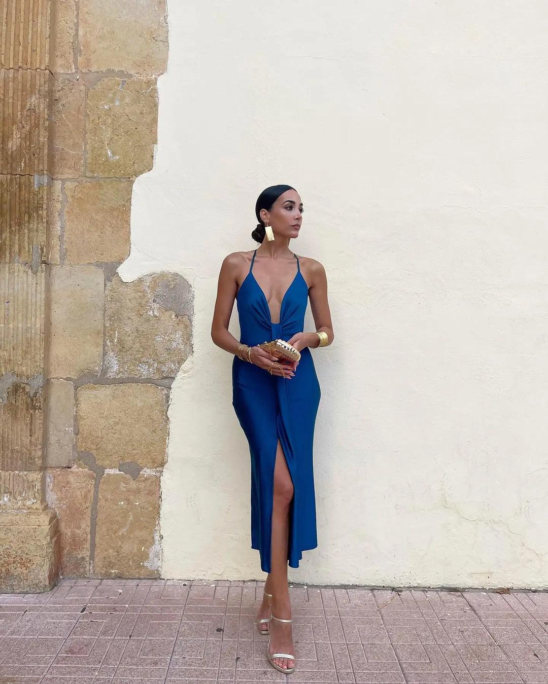 Christina Spaghetti-Strap V-Neck Dress