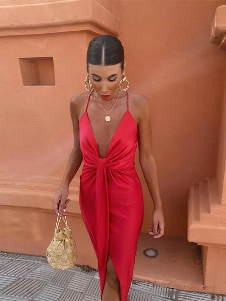 Christina Spaghetti-Strap V-Neck Dress