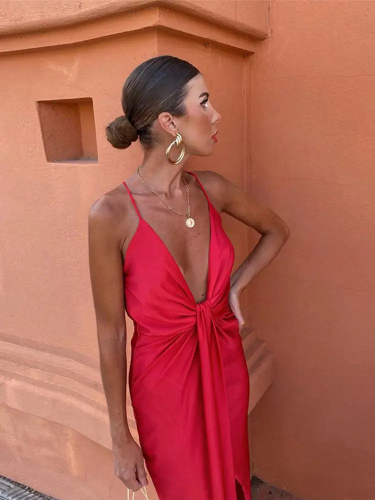 Christina Spaghetti-Strap V-Neck Dress