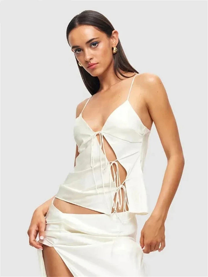 Genevieve Spaghetti-Strap Satin Top